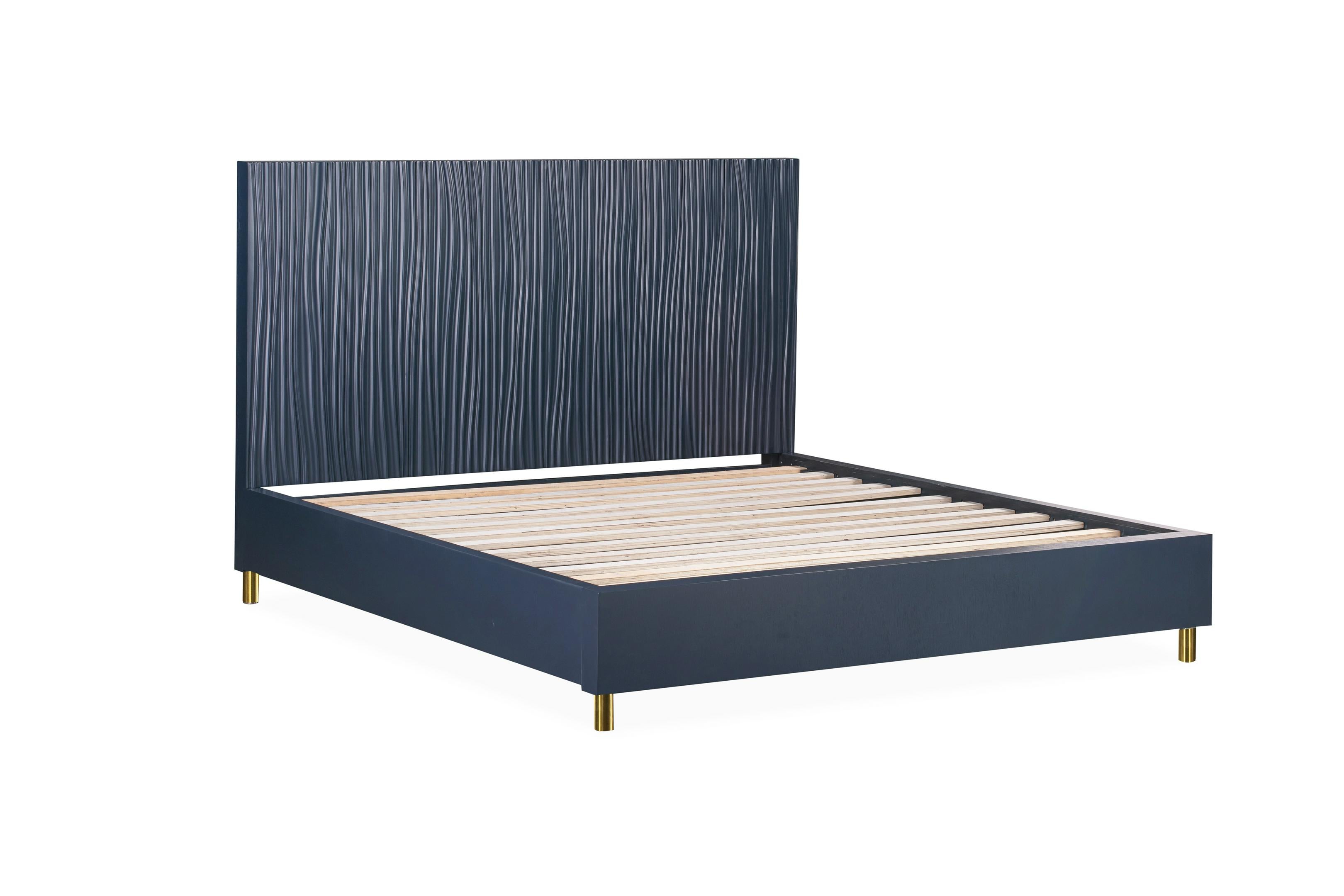 Argento Wave-Patterned Bed in Navy Blue and Burnished Brass - What A Room