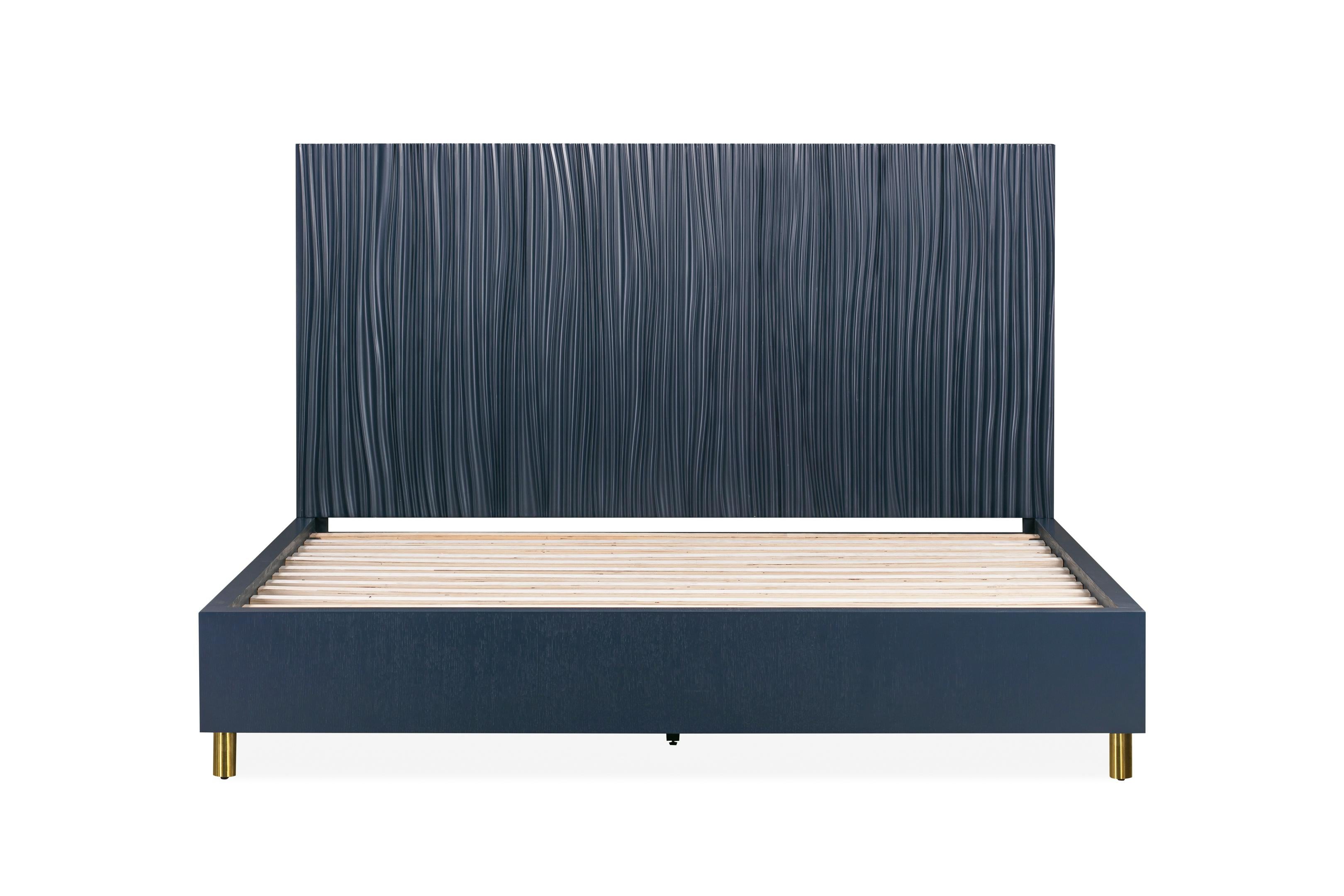 Argento Wave-Patterned Bed in Navy Blue and Burnished Brass - What A Room