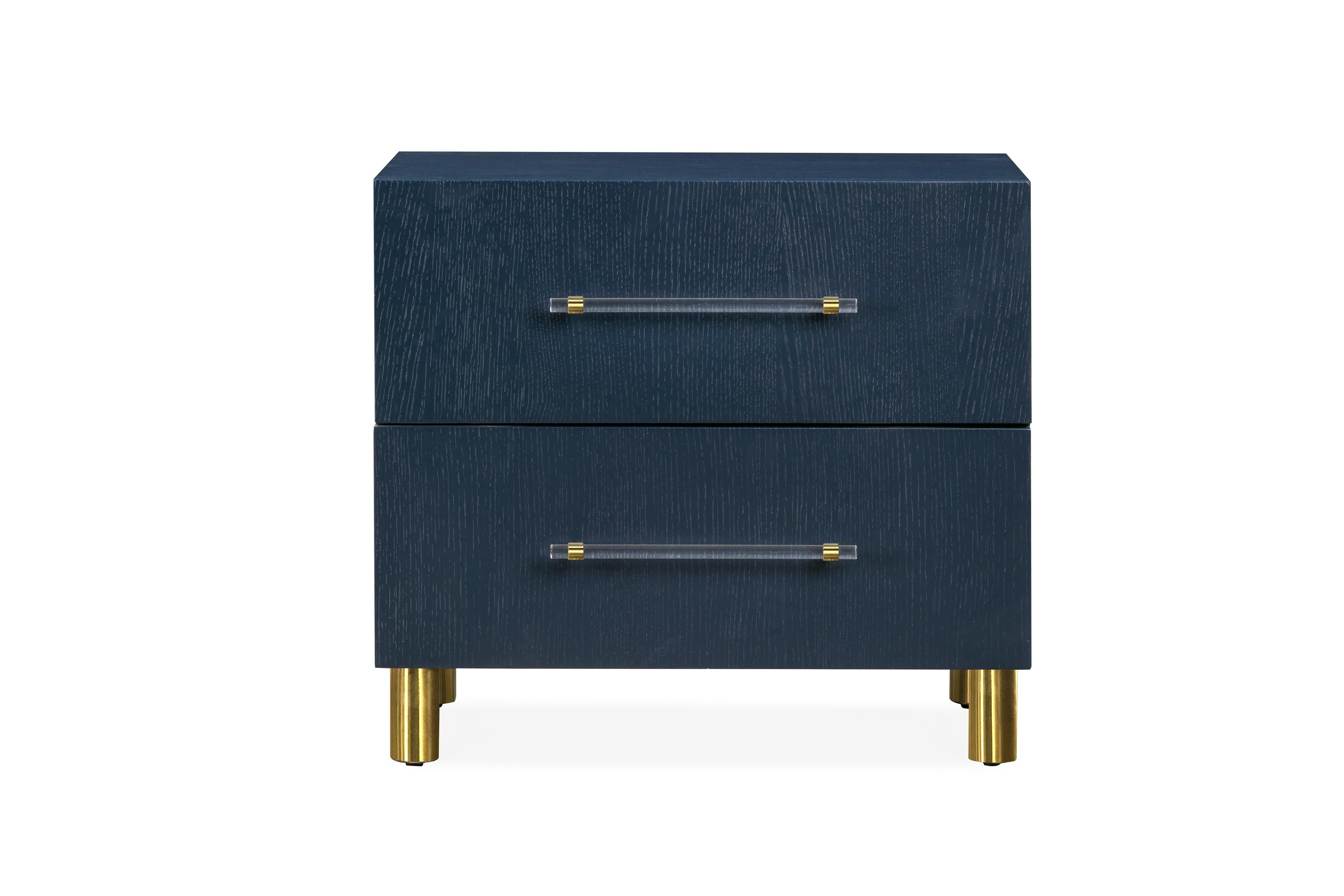 Argento Two Drawer USB Charging Nightstand in Navy Blue and Burnished Brass - What A Room