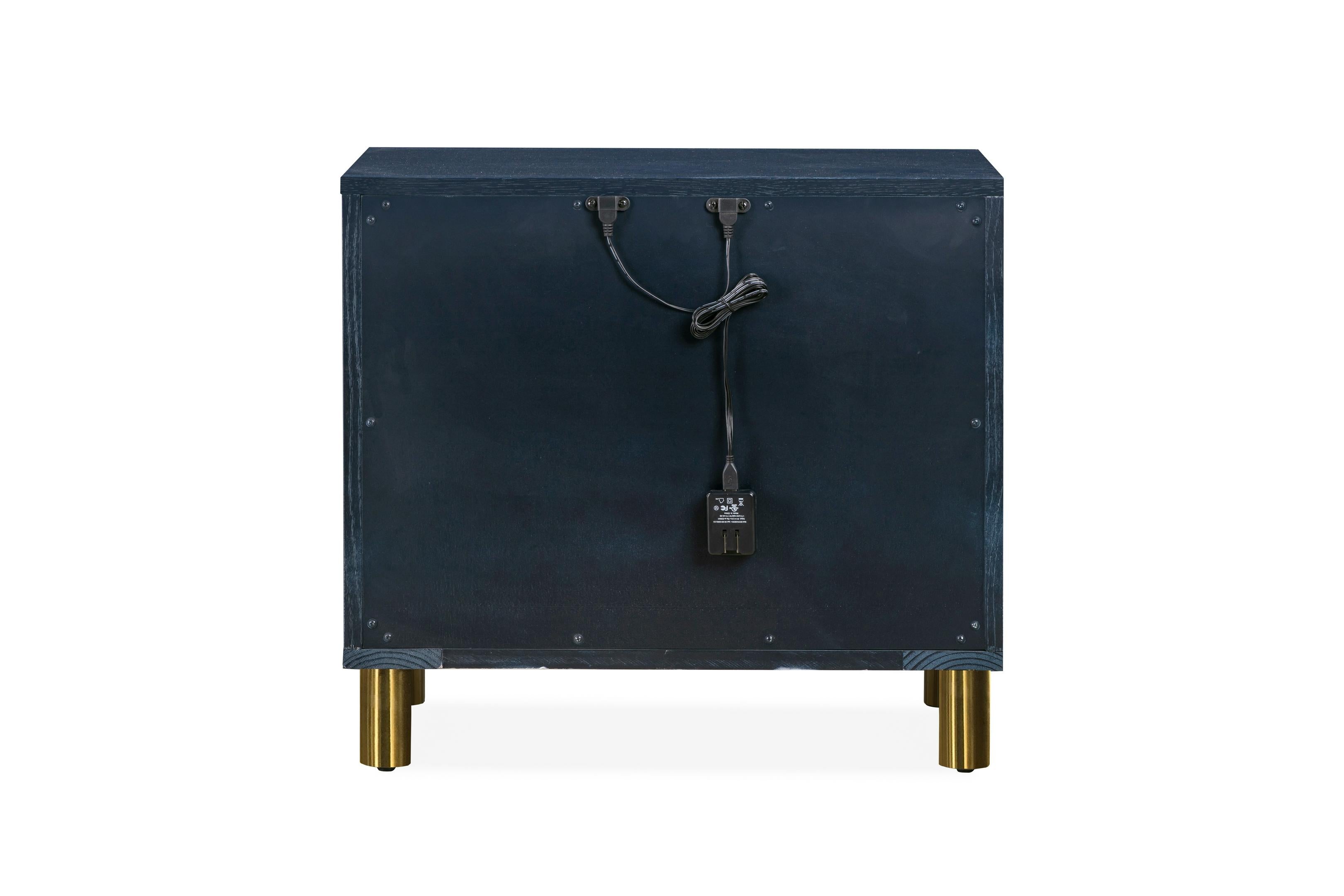 Argento Two Drawer USB Charging Nightstand in Navy Blue and Burnished Brass - What A Room