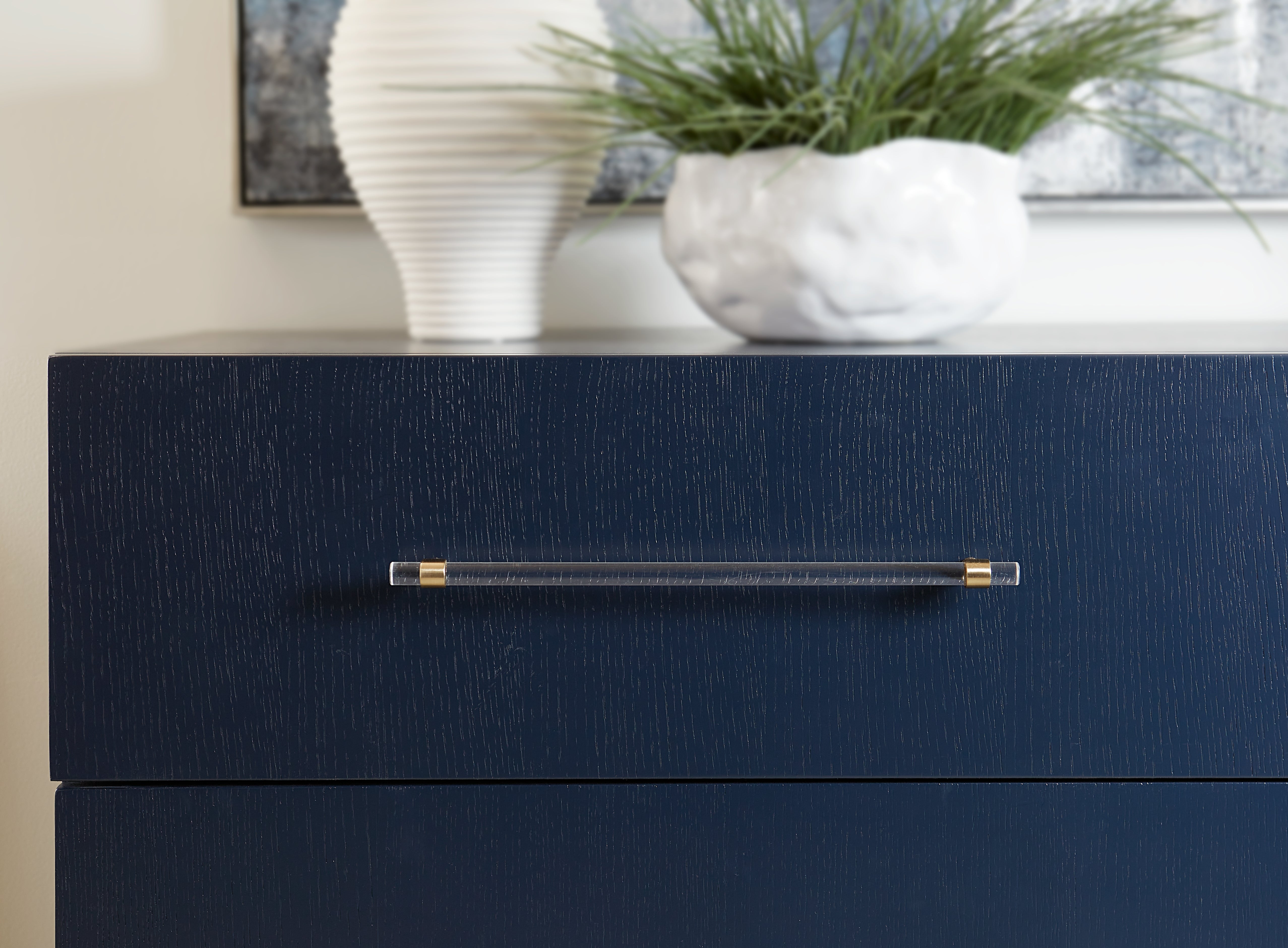 Argento Two Drawer USB Charging Nightstand in Navy Blue and Burnished Brass - What A Room