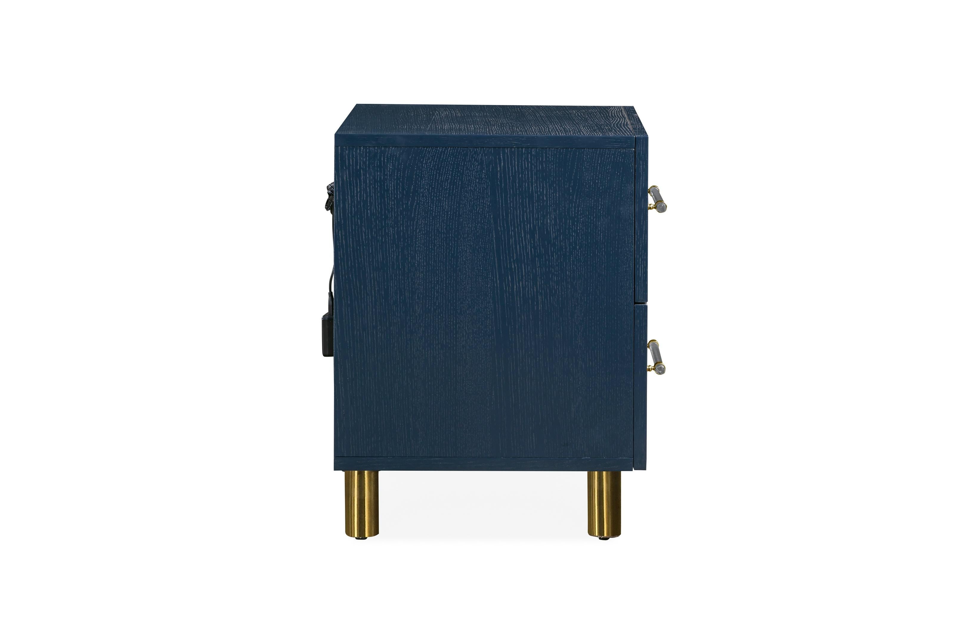 Argento Two Drawer USB Charging Nightstand in Navy Blue and Burnished Brass - What A Room
