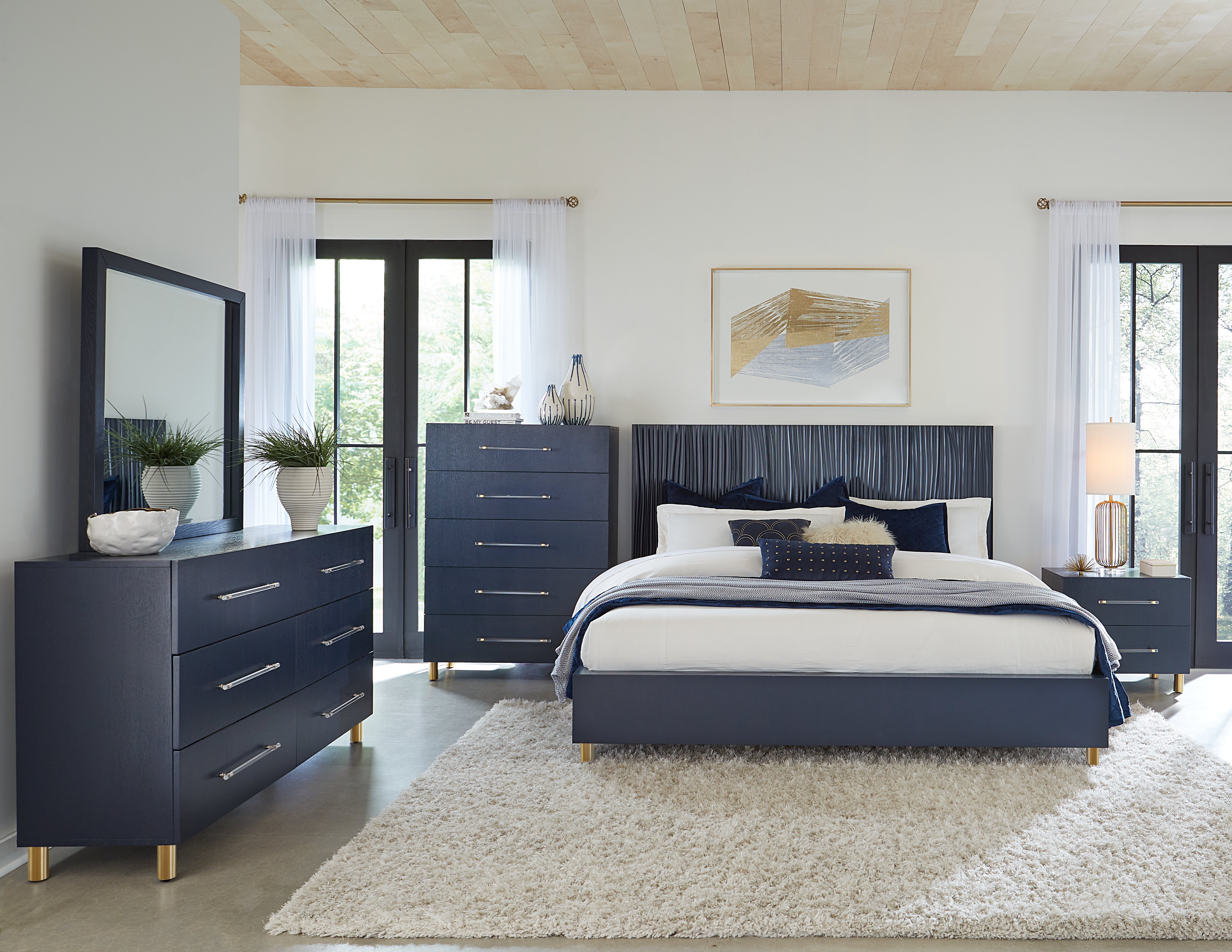 Argento Wave-Patterned Bed in Navy Blue and Burnished Brass - What A Room