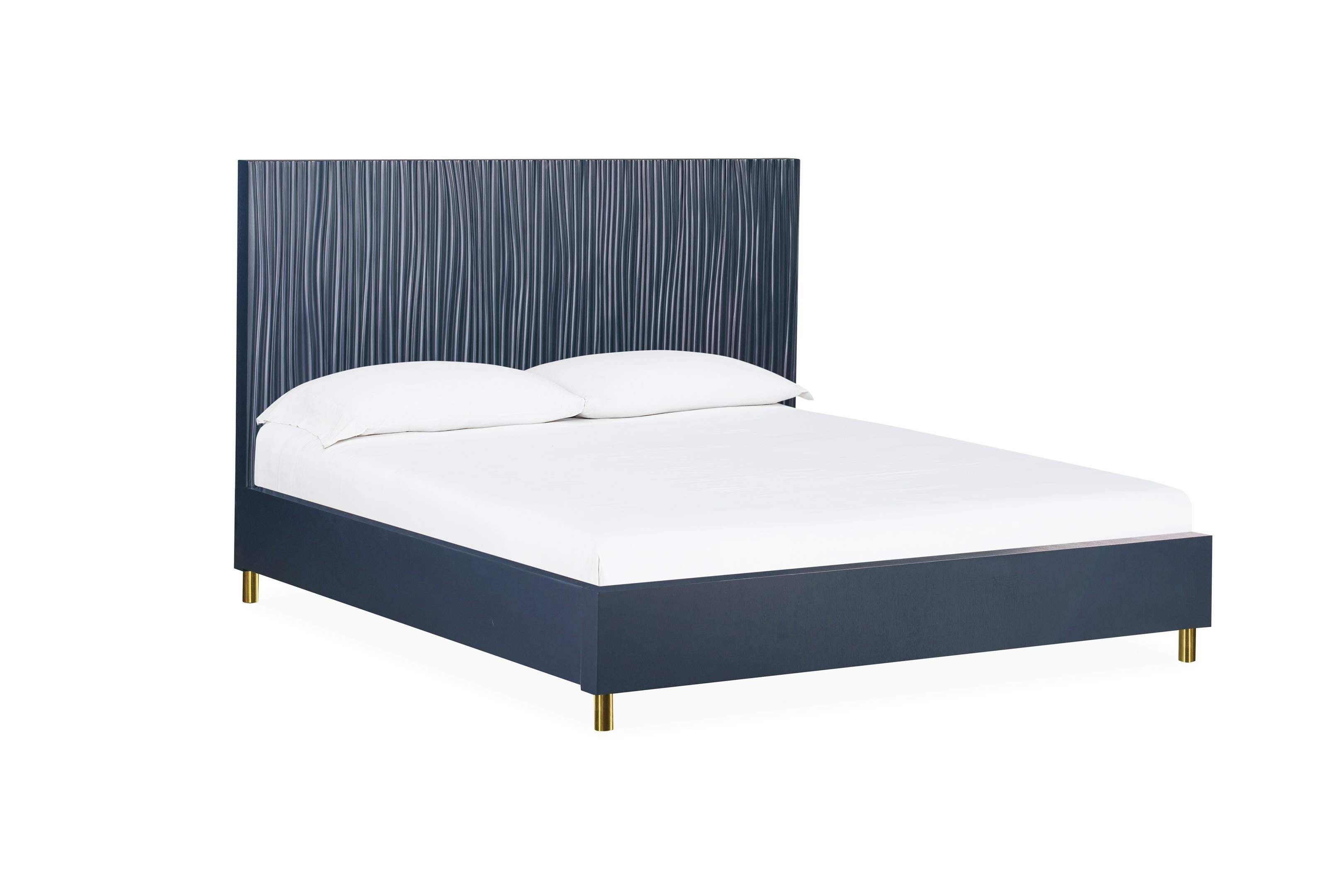 Argento Wave-Patterned Bed in Navy Blue and Burnished Brass - What A Room