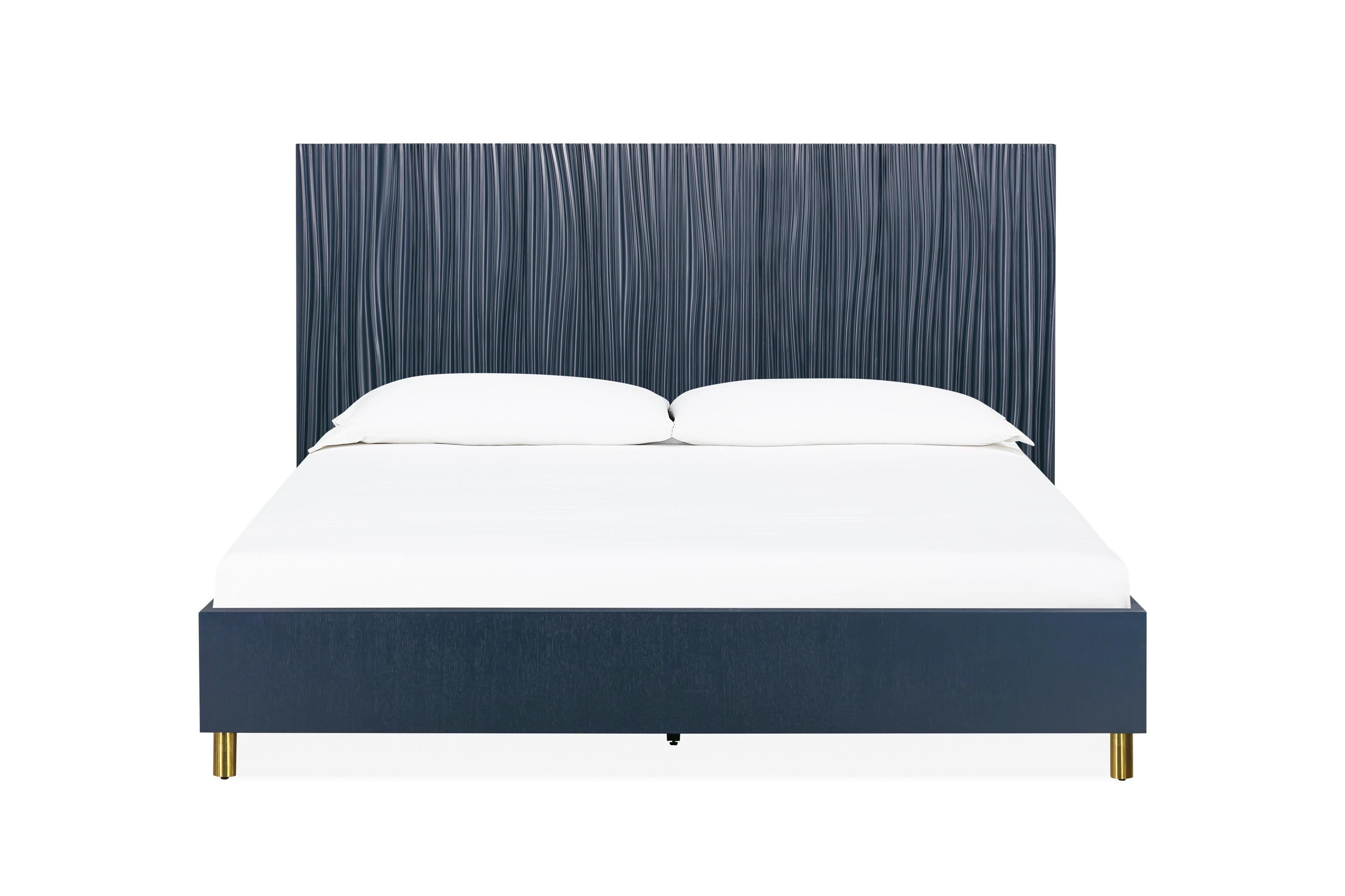 Argento Wave-Patterned Bed in Navy Blue and Burnished Brass - What A Room
