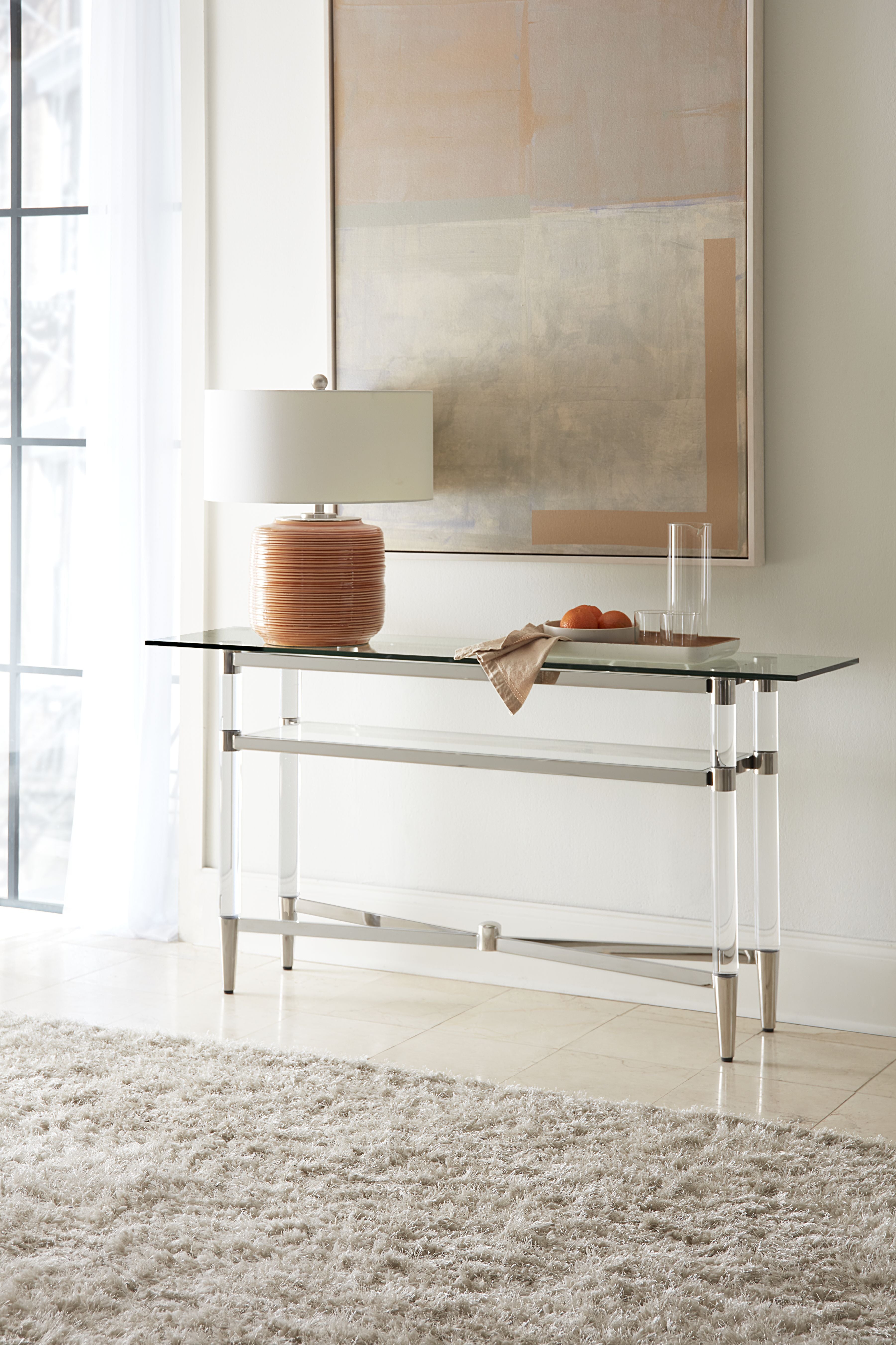Marilyn Glass Top Dining Server in Polished Stainless Steel and Clear Acrylic - What A Room