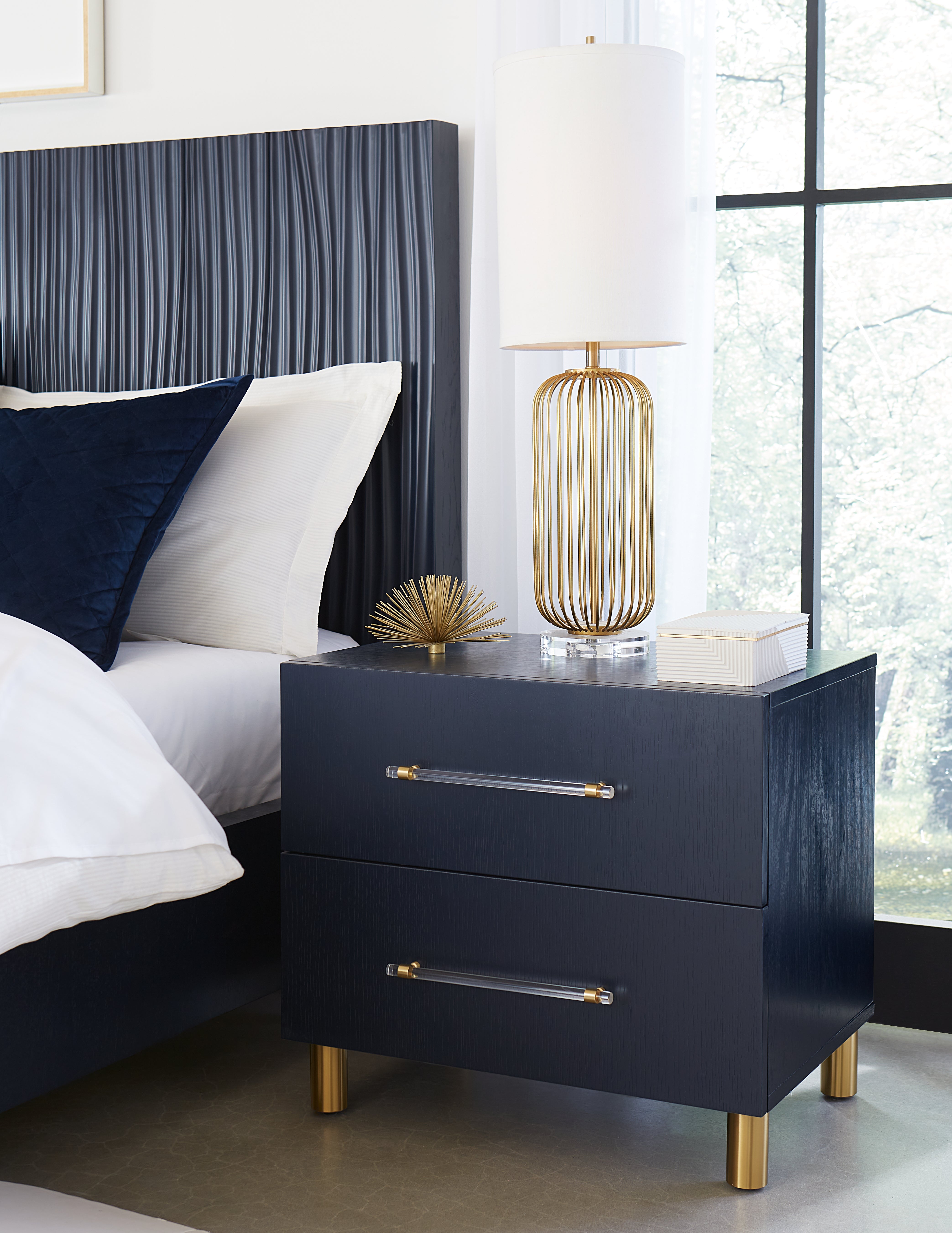 Argento Wave-Patterned Bed in Navy Blue and Burnished Brass - What A Room