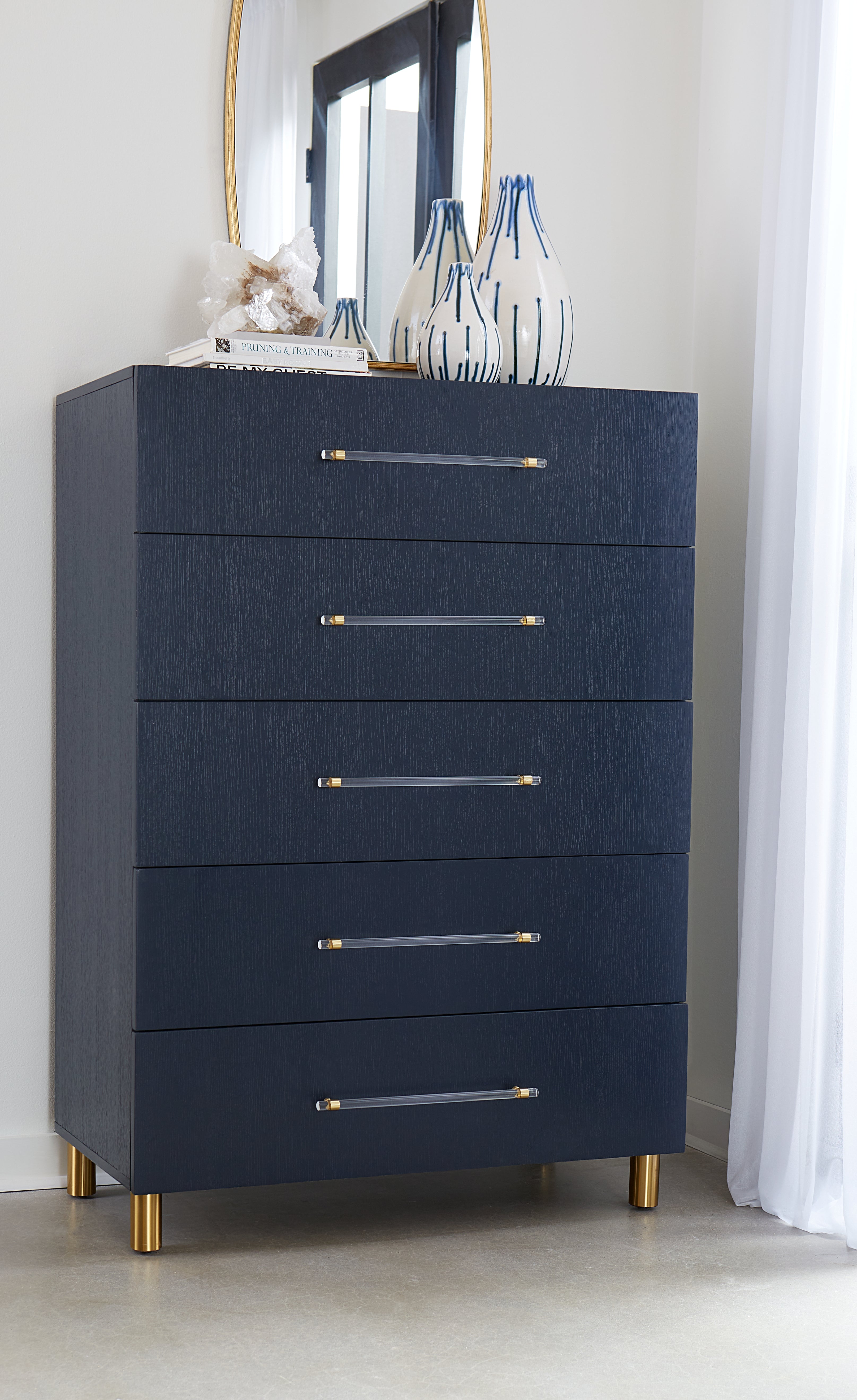 Argento Five Drawer Chest in Navy Blue and Burnished Brass - What A Room