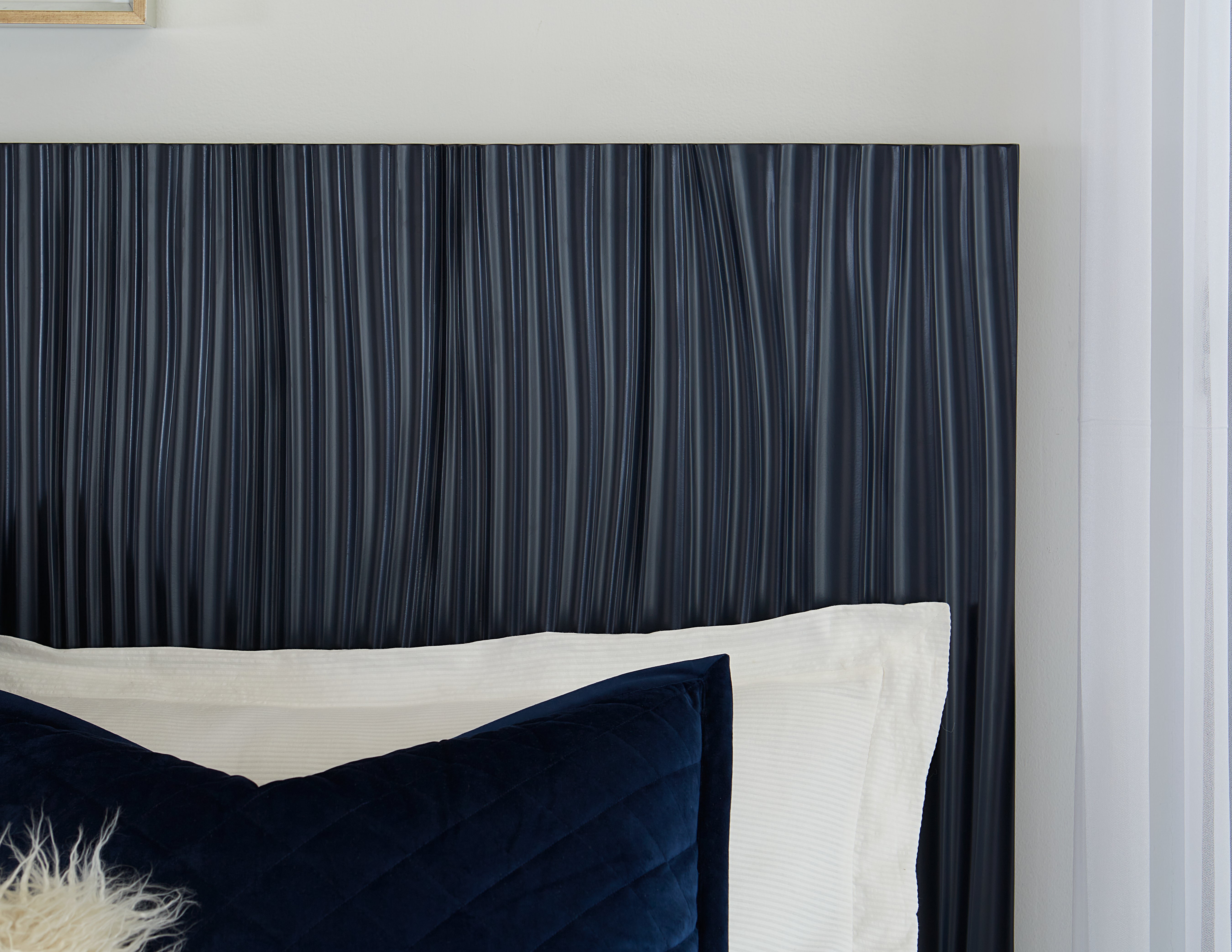 Argento Wave-Patterned Bed in Navy Blue and Burnished Brass - What A Room