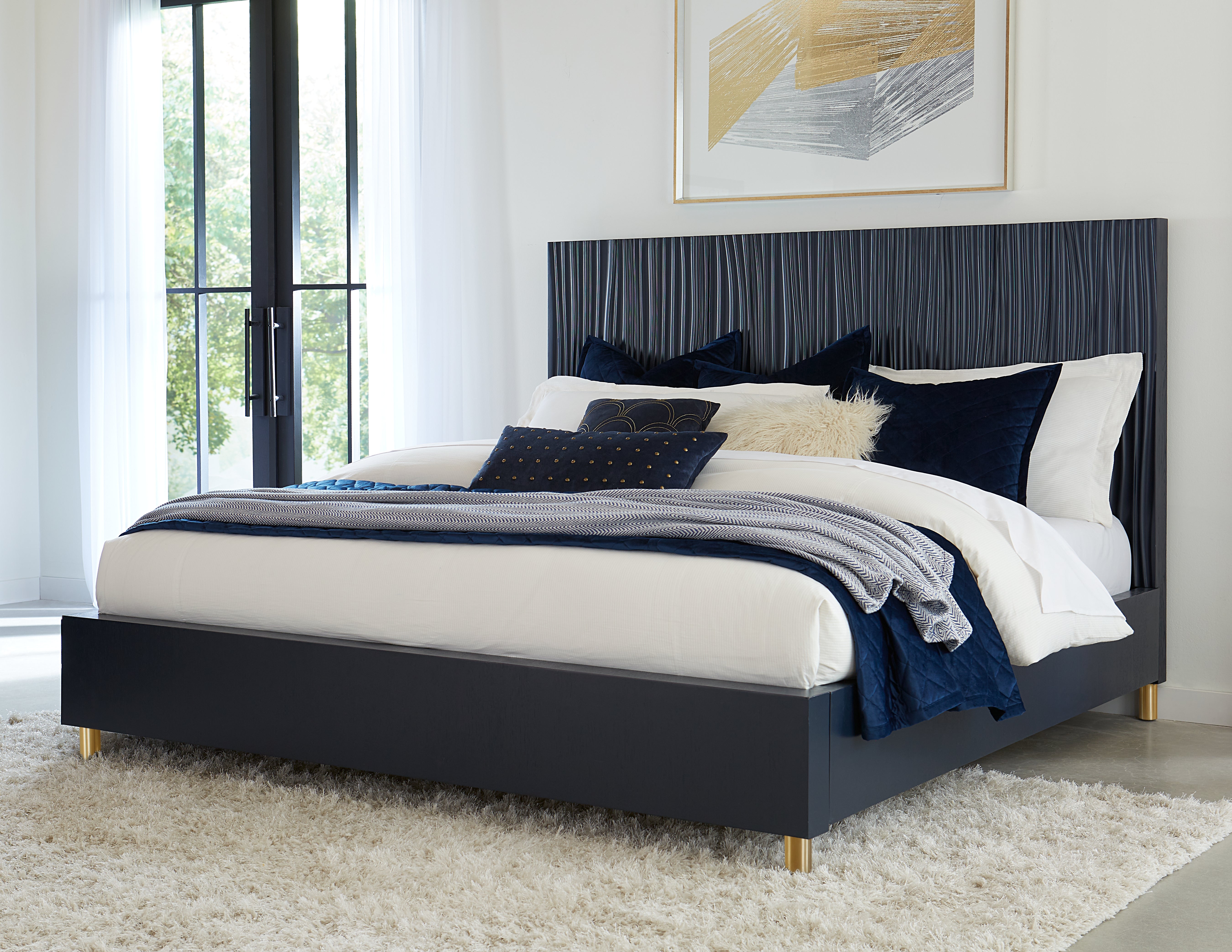 Argento Wave-Patterned Bed in Navy Blue and Burnished Brass - What A Room