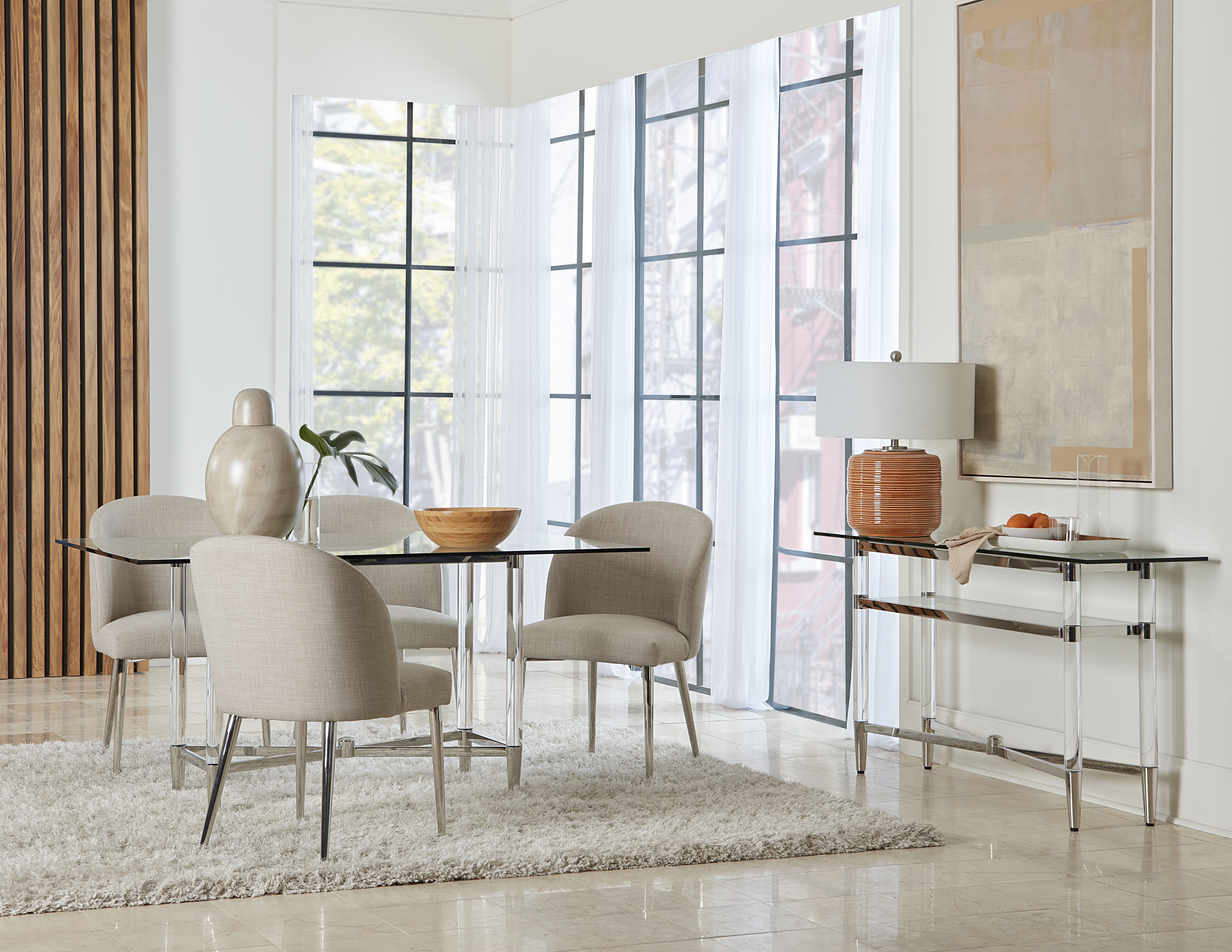 Marilyn Glass Top Dining Server in Polished Stainless Steel and Clear Acrylic - What A Room