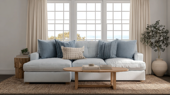 Sustainable living room with custom eco-friendly sectional sofa and solid wood coffee table